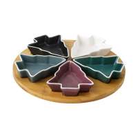 Wholesale colorful christmas tree shape porcelain tapas snack serving dishes with bamboo holder