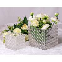 Table centerpiece clear square crystal glass beaded vase for home decoration/candle holder votive